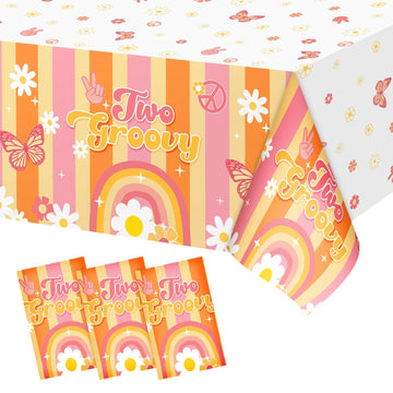 Jecery 3 Pcs Rainbow Plastic Two Groovy Tablecloths Retro Hippie Boho Party Table Covers Disposable Daisy Flower Groovy Party De