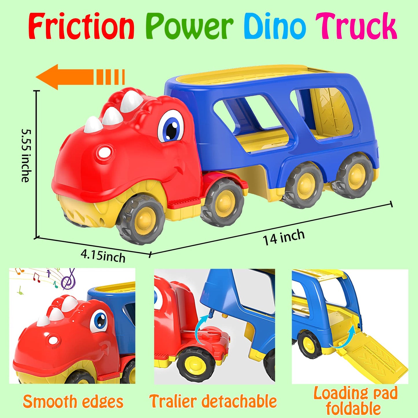Veslier Toddler Car Toy - Dinosaur Transport Carrier Truck with 4 Pull Back Dino Cars, Assorted Colors, Perfect Gift for 18M+ Kids