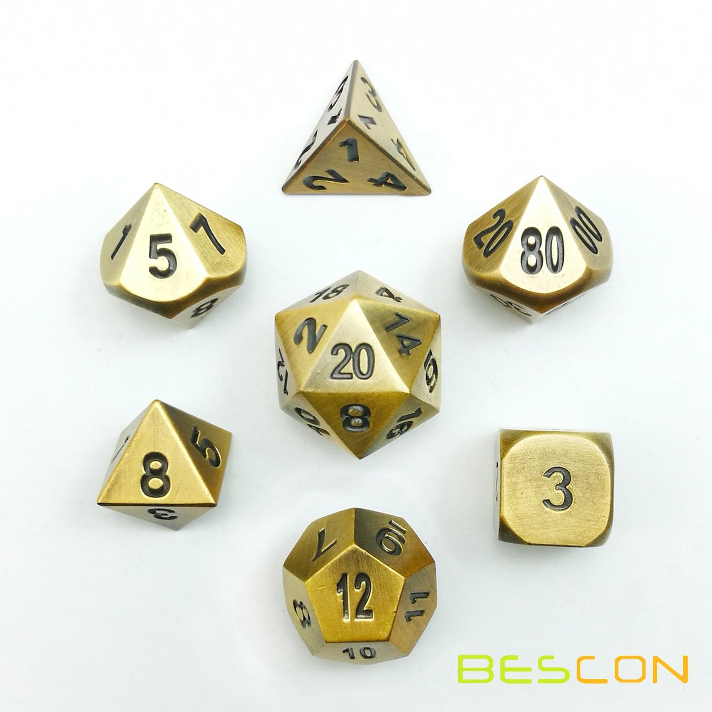 Bescon Brass Solid Metal Polyhedral D&D Dice Set of 7 Copper Metal RPG Role Playing Game Dice 7pcs Set