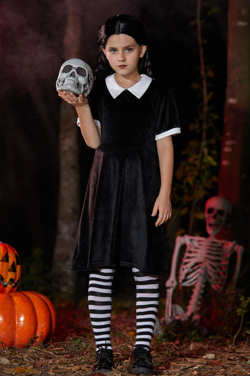 Girls Halloween Velvet Short Sleeve Peter Pan Collar A-Line Black Party Dresses 11-12 Years