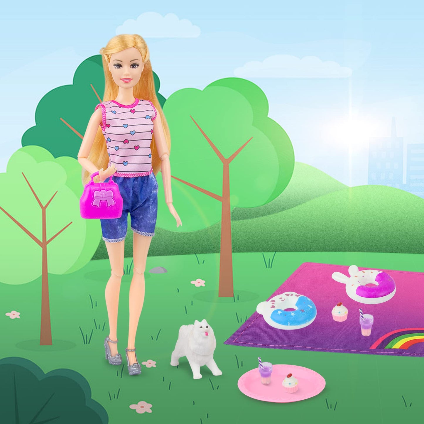 Ecore Fun 15 Pcs Doll Camping and Accessories Set for 11.5 Inch Girl Doll Includes Doll Tent  Clothes  Chair  Camera  Drink  Cupcake  Donut  Telescope  Toy Dog  Bag