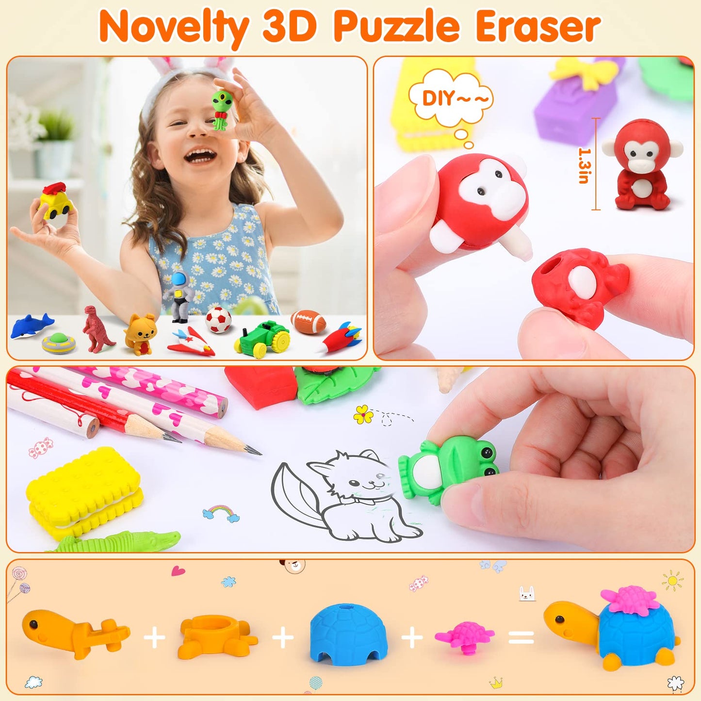 Palmatte 140Pcs Mini Animal Erasers For Kids Bulk, Cute Desk Pets Kids Prizes Treasure Box Toys For Classroom Rewards Back To School Supplies, Random 3D Puzzle Erasers Kids Party Favors Goodie Bags