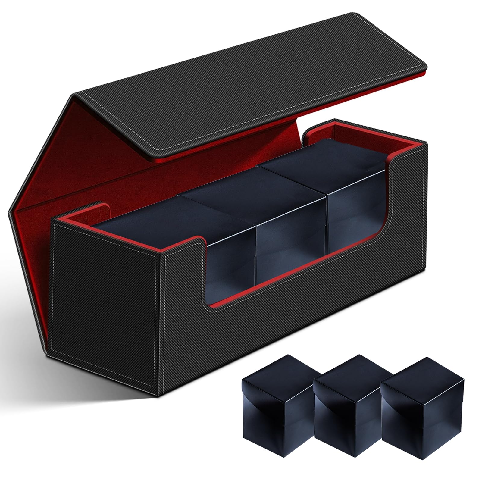 Scimi Large enhanced Double Deck Case Box for 400+ Sleeved Cards Case Large Deck Case with Dice Tray Fits MTG/TCG/CCG (Black/Red)