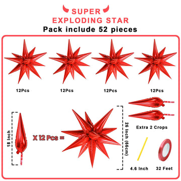 Funtoob Red Star Balloons Metallic Star Foil Balloons Birthday Balloons Red Star Cone Balloons Starburst Balloon Spike Balloons
