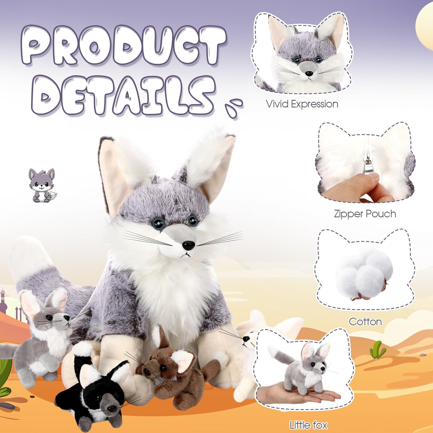 HyDren Fennec Fox Stuffed Animal Set - 5 Pcs Plush Toys, Gray, Sitting, PP Cotton, Perfect for Gifts and Decor