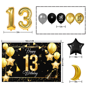 Happy 13Th Birthday Balloons Gold Set Decor - Cheers To 13 Years Old Party Theme Garland Star Moon Banner Backdrop Decorations F