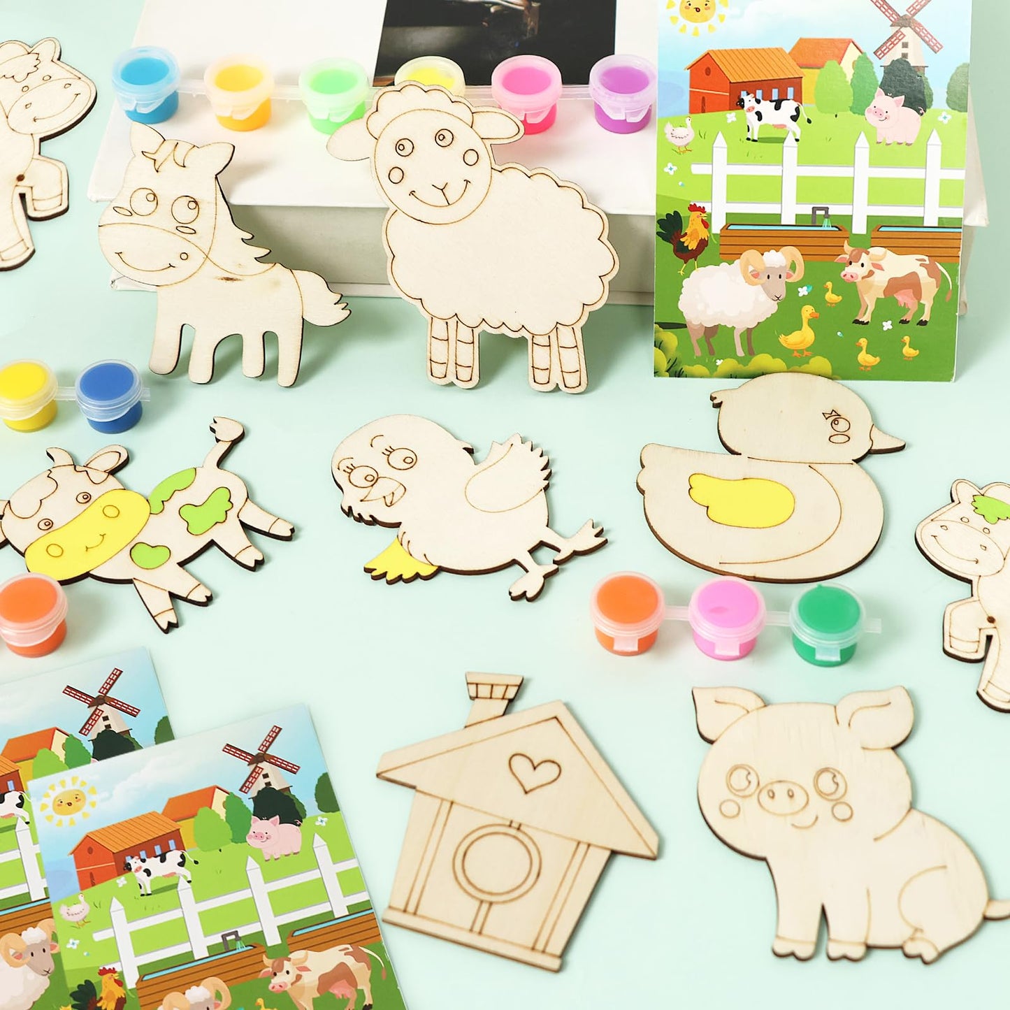 LARDUX Farm Animal Party Favors, 24PCS DIY Wooden Arts & Crafts Painting Kit for Kids Ages 4-8 8-12, Glow in The Dark Party Favo