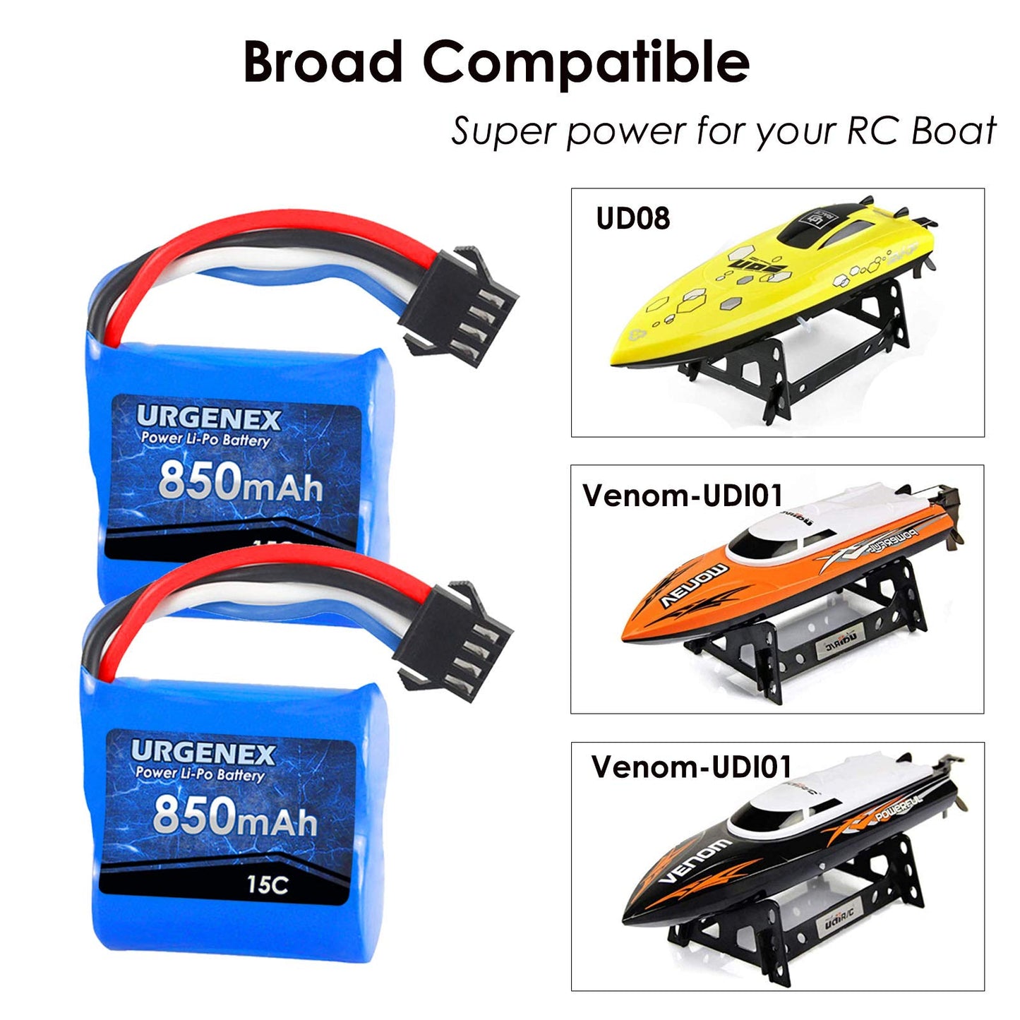 URGENEX Lipo Battery 850mAh 7.4V(2 x 3.7V) RC Boat Battery with SM-4P Plug UDI001 RC Boats Batteries Compatible with RC Boat UDI