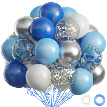 Oumuamua 62Pcs Blue Silver White Confetti Balloons Kit, 12 Inch White Royal Blue Metallic Silver Confetti Balloons For Boy Birthday Baby Shower Graduation Party Supplies
