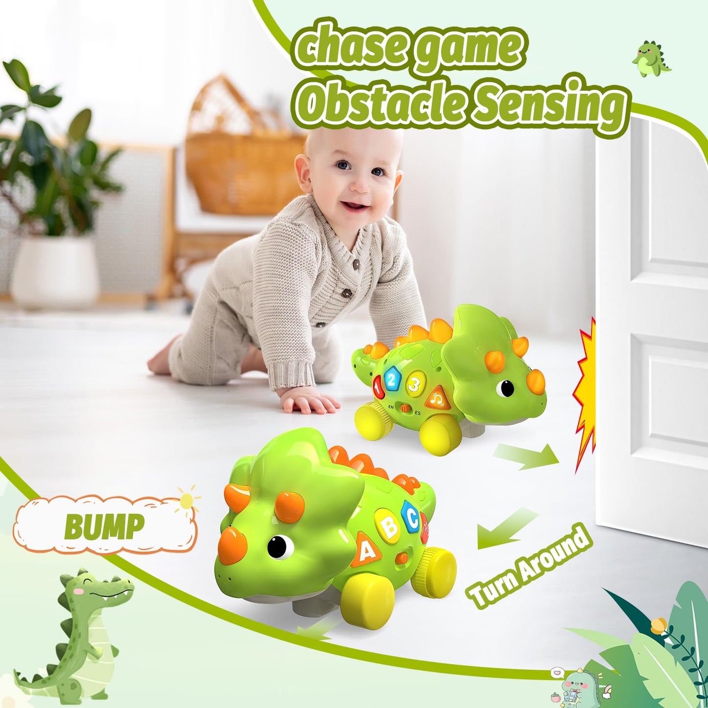 Baby Toys For 1 Year Old Boy Gir - Bilingual Musical Dinosaur Toy, Touch & Go Musical Light Crawling Educational Learning Toys F