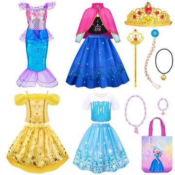 Meland Princess Dress Up - Dress Up Clothes For Girls With Princess Toys, Christmas Birthday Gift For Girls Age 3-8 Year Old (4 Princess With Bag)