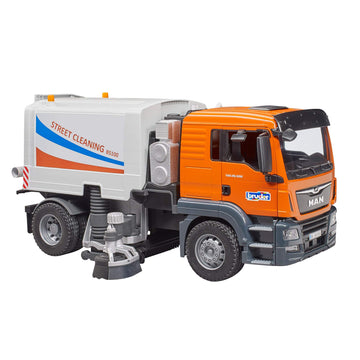 Bruder Toys - Commercial Realistic MAN TGS Street Sweeper Truck with Open-able Doors, Adjustable Brushes, and Flexible Hose - Ag