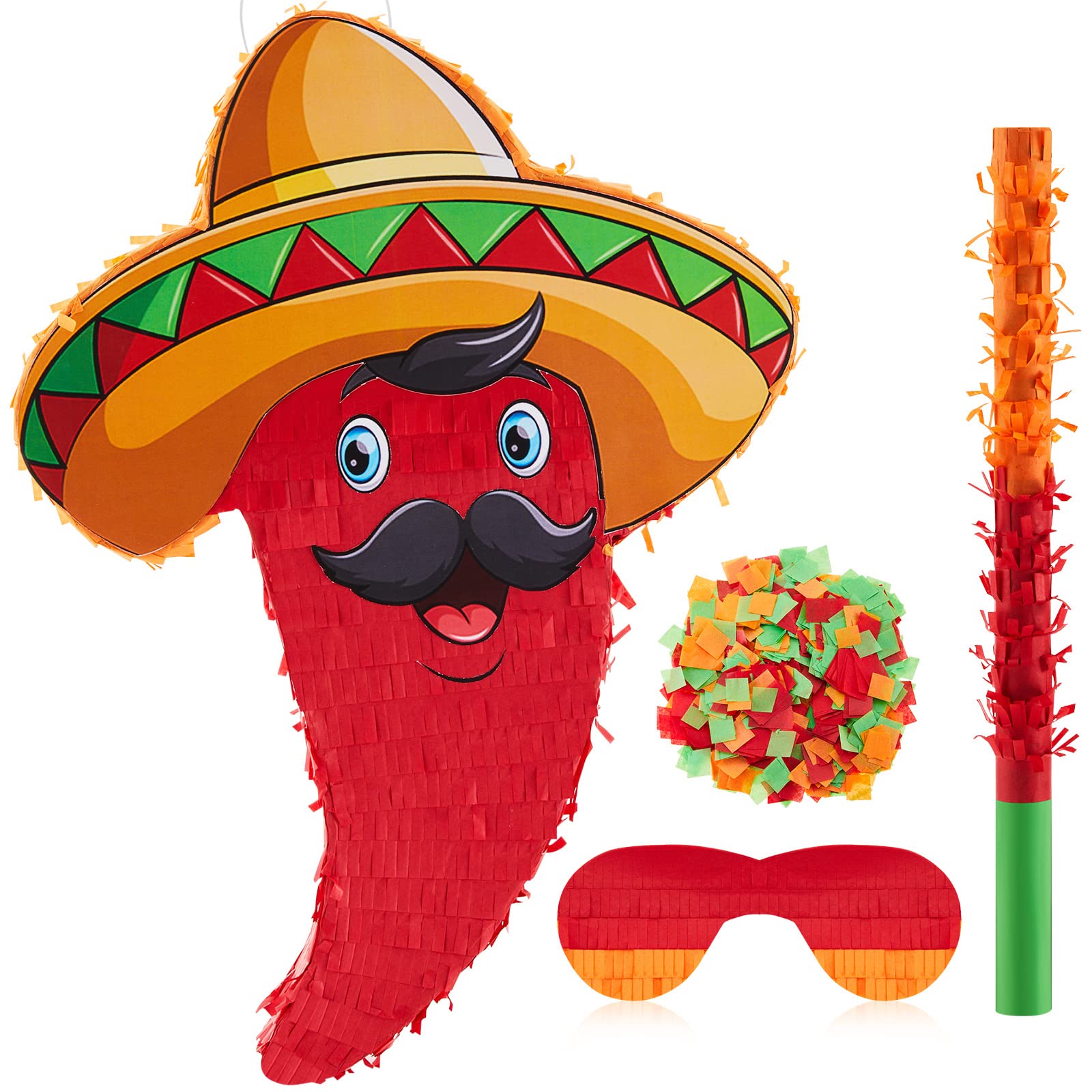 Lewtemi Mexican Piñata Small Red Chili Piñata For Birthday Party Cinco De Mayo Pepper Piñata Fiesta Party Decorations Mexican Party Supplies Decorations With Piñata Stick Blindfold Confetti Set