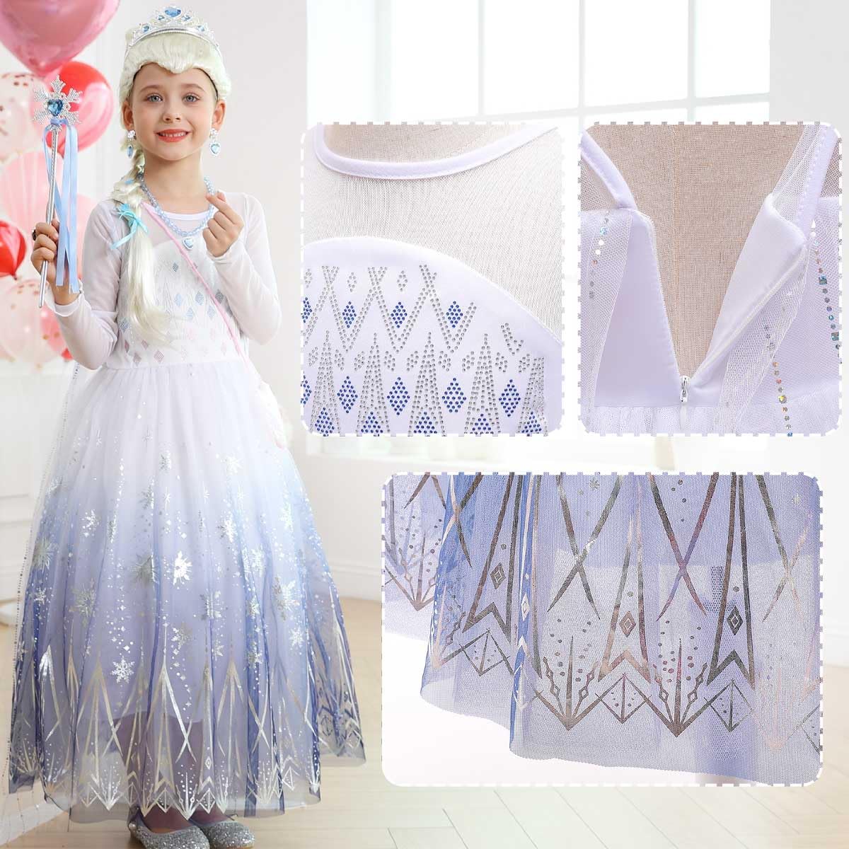 Luzlen Girls Princess Costume Kids Elsa Dress Up Outfit Halloween Birthday Party White Cosplay Dress With Wig Accessories,6-7 Years(Label 140)