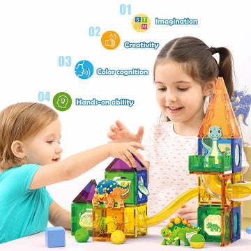 Dinosaur Magnetic Blocks Set, Upgrade Diy Magnets Building Blocks For Kids, 60 Piece Magnets Tiles For Boys And Girls Learning By Playing Games To Improve Imagination And Creativity