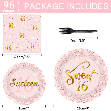 96 Pcs Rose Gold Sweet 16 Birthday Party Plates And Napkins Party Supplies Sixteen Birthday Party Tableware Set 16Th Party Decor