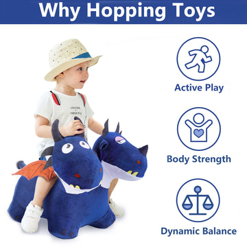 iPlay, iLearn Bouncy Pals Plush Blue Hopping Horse & Inflatable Dragon - Large, Indoor/Outdoor Toys for Toddlers 18-24 Months