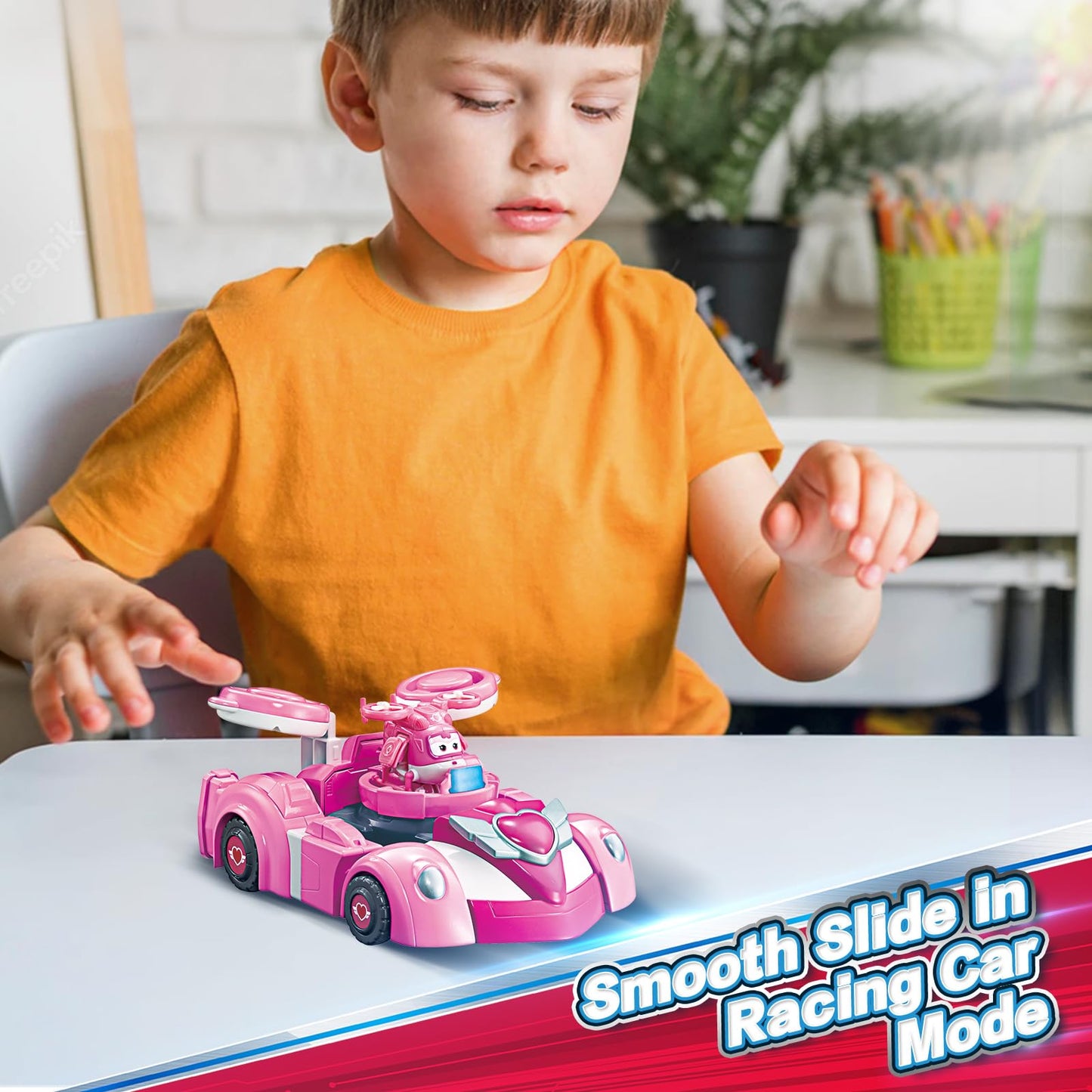 Super Wings Transformer Toys - 7" Robot & 2" Mini Dizzy, 2-in-1 Racing Car-Action Figure, Pink, Model EU770354 for Ages 3+