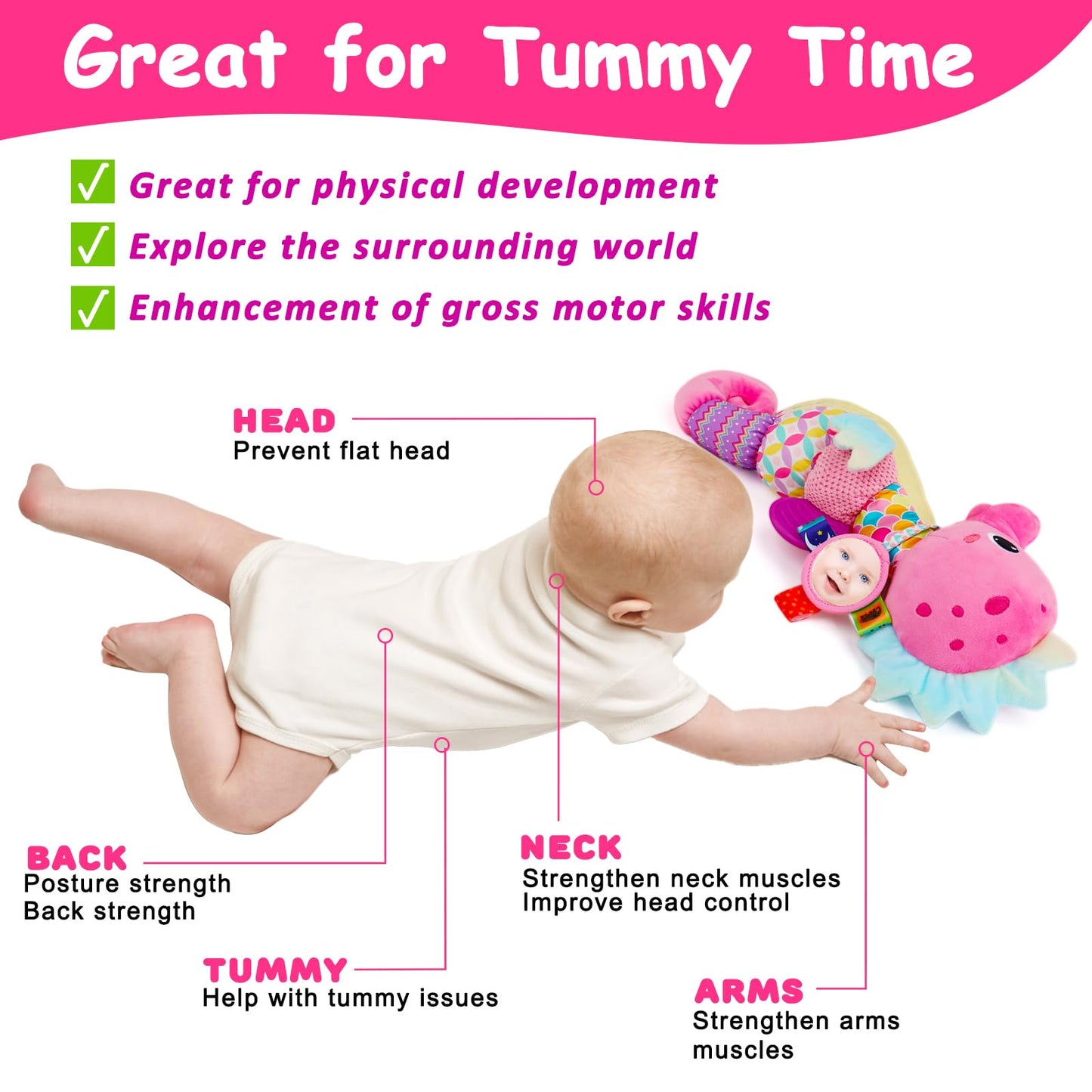 Baby Sensory Toys 0-6 3-6 Months Musical Stuffed Animal Plush Pink Seahorse For Infant 6-12 Month Tummy Time With Baby Mirror Ne