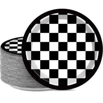 48 Pieces Black and White Checkered Flag Party Paper Plates for Race Car Party Supplies 7 Racing Car Theme Disposable Dessert Pl