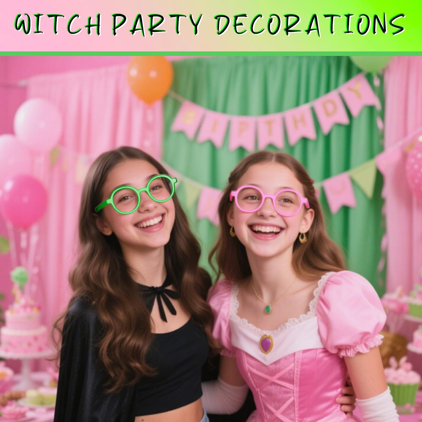 Kingdder 24 Pcs Witch Theme Party Favors Green and Pink Round Glasses Frame Bulk No Lenses Wizard Glasses for Birthday Halloween