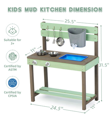 Wooden Kids Play Kitchen, Outdoor Mud Kitchen Playset with Water Play Set and Cooking Toys, Gift for 3+ Years Kid
