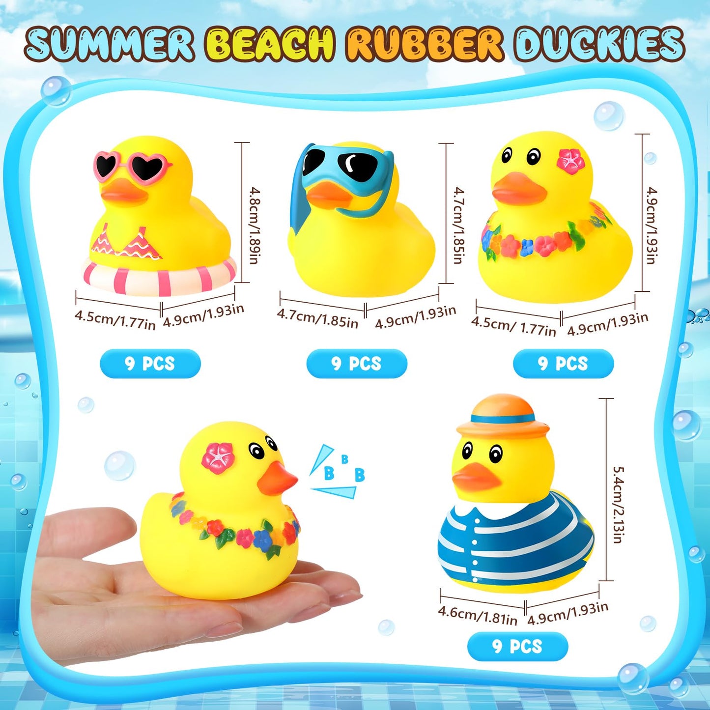 Honoson 48 Pcs Summer Beach Rubber Duckies Bulk Mini Rubber Duck Bath Toys Float Bathtub Ducky Cute Squeaky Ducky For Classroom