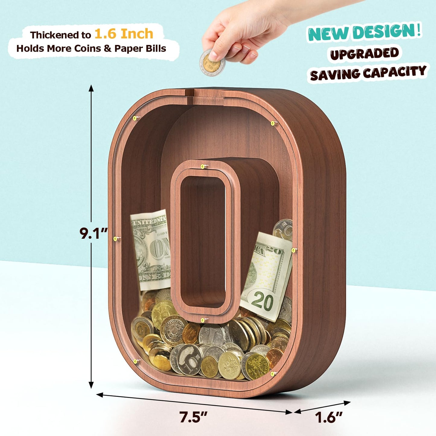 Summidate Wooden Letter Piggy Bank  Extra Thick Large Capacity Piggy Bank for Kids Boys Girls Toddler  Alphabet O Money Bank| Coin Box Birthday  Christmas  Festival