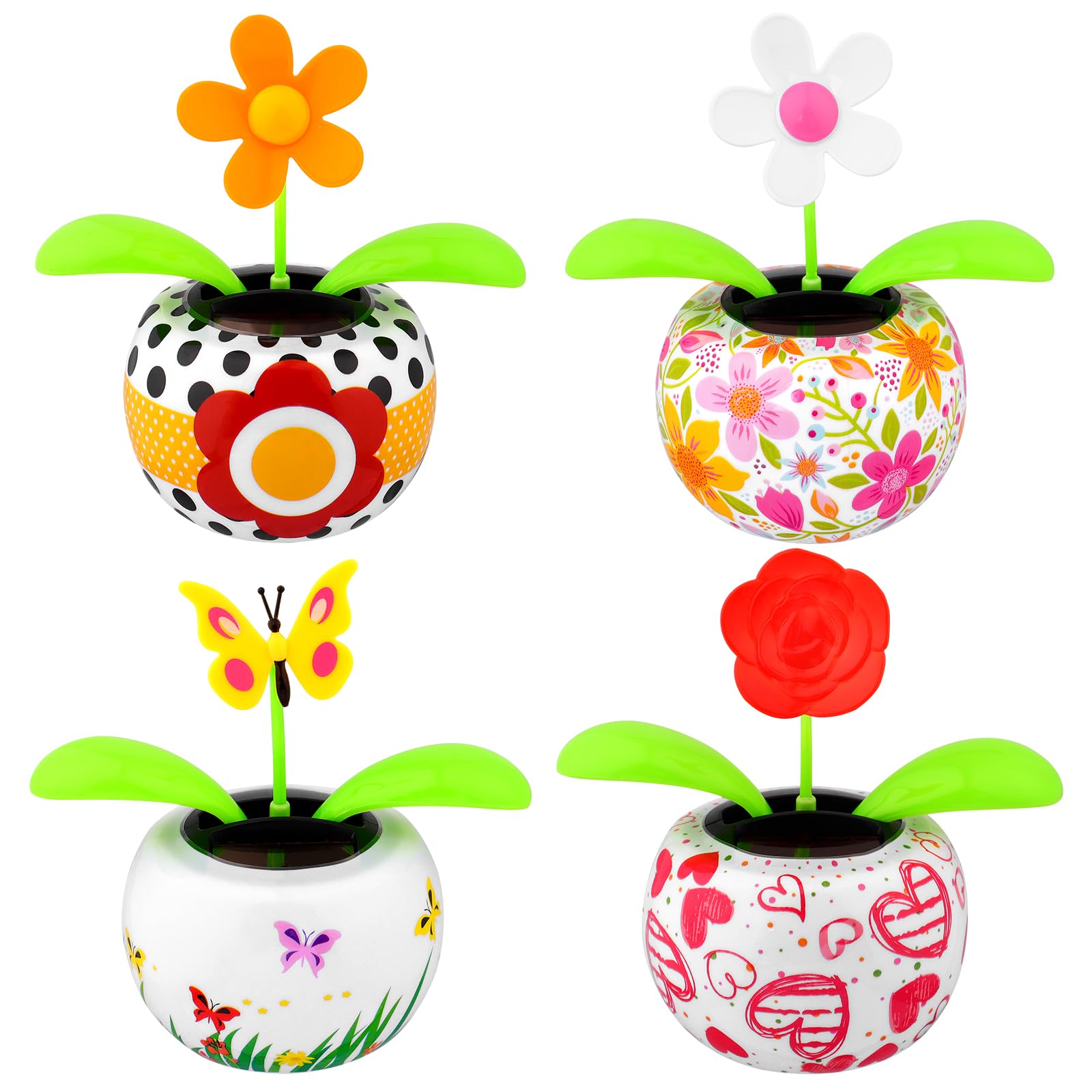 4 Pack Solar Dancing Butterfly Toy Solar Powered Dancing Sun Flower in Colorful Pots Swinging Rose Flip Flap Animated Bobblehead Dancer Window Sun Catcher Car Dashboard Decor