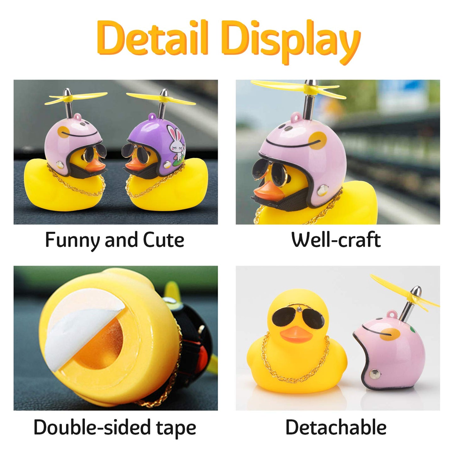 wonuu Rubber Duck Car Ornaments Yellow Duck Car Dashboard Decorations Cool Glasses Duck with Propeller Helmet (Pink Smile-Yellow)