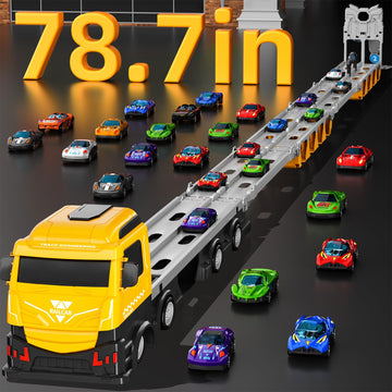 MSKOLER Racing Car Railway Truck Toy for Boys 2 3 4 5 6 7 Years Old - 78.7-inch Transport Carrier Trucks, Foldable Railway Stora
