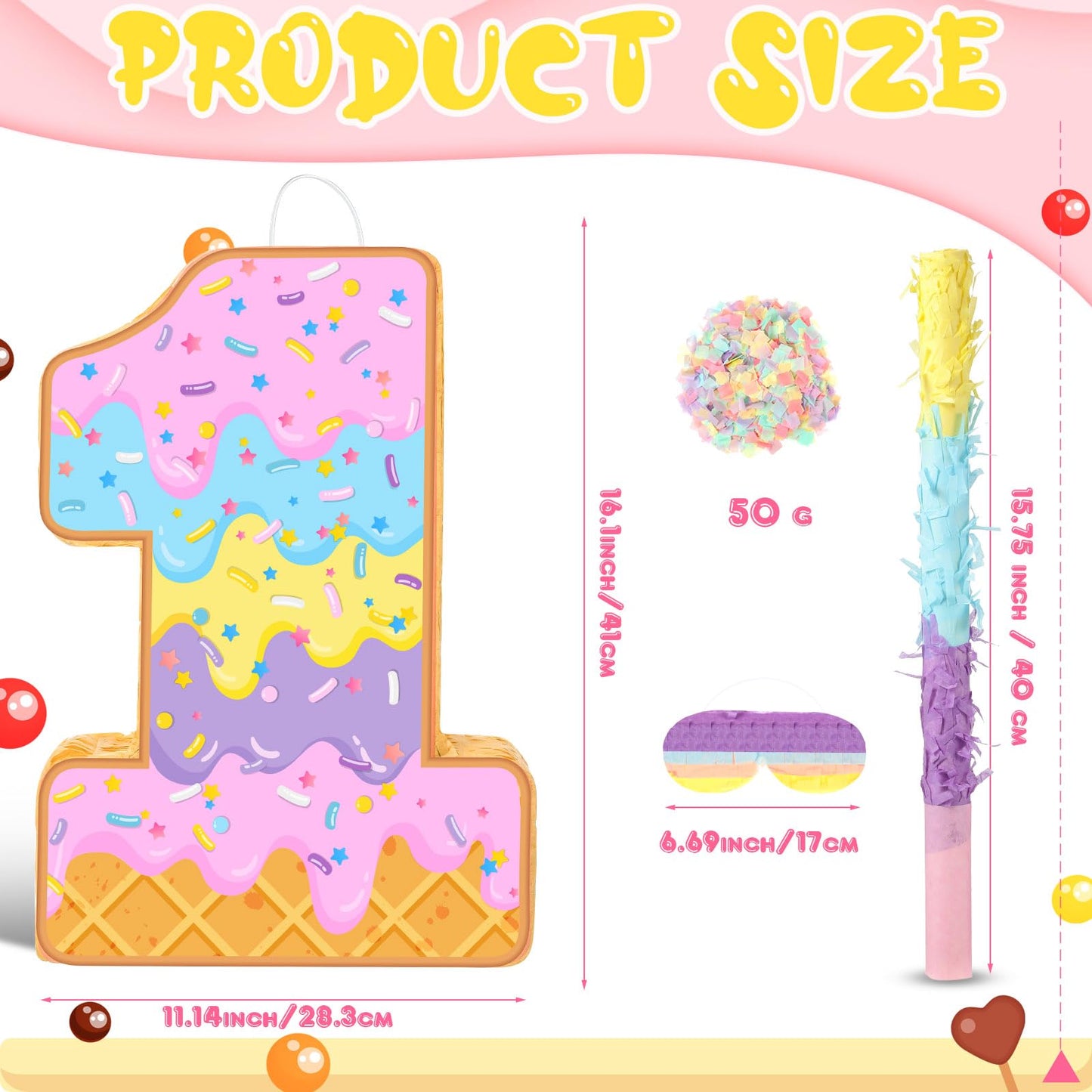 Aoriher Summer Birthday Piñata Ice Cream Game Set - Pink Cardboard with Bat, Blindfold, Mask & Confetti for Sundae Theme Party