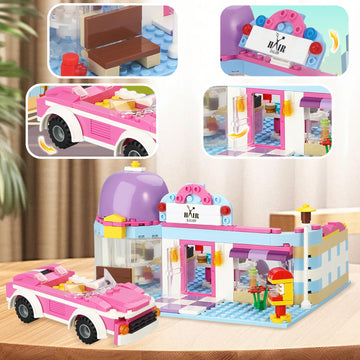 Brick Story Girls Friends Hair Salon Building Kit With 2 Mini People 5 Dolls Hair Creative Girls Friends Sets 358 Pieces With A Pink Convertible Car Stem Building Toys Gifts For Kids Age 6-12 And Up