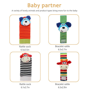 Wrist Rattle Foot Finder Sock For 0-36Months Baby Boys And Girls, Newborn Baby Soft Hand & Feet Rattle 0-3 Years, Arm Leg Babies Development Toys For Infant Bebe (Cow-4 Pcs)