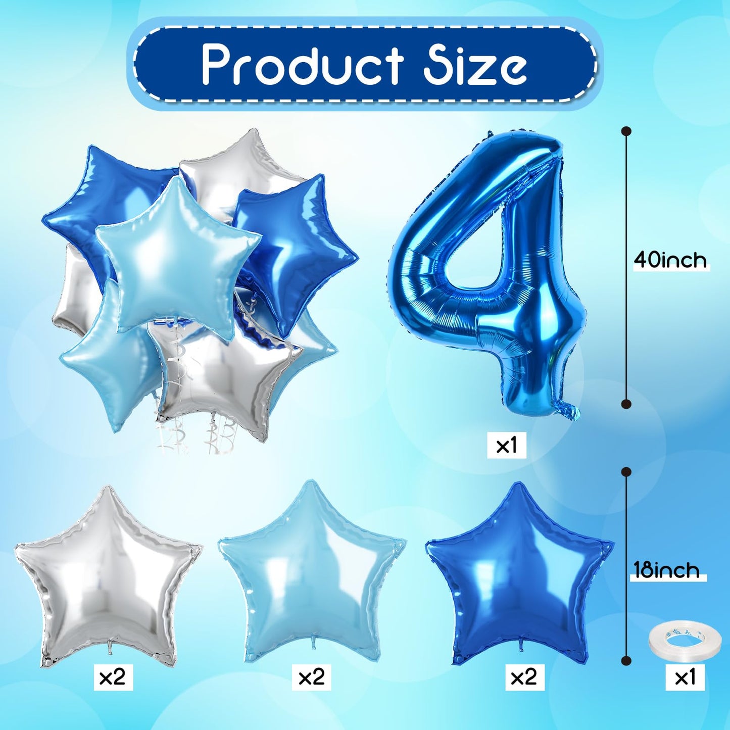 14Th Birthday Balloon For Boys, Big Self Inflating Dark Light Blue Silver Star Number 14 Balloons Decor, 40 Inch Royal Pastel Ba