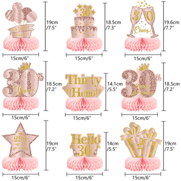 9Pcs 30Th Birthday Decorations Pink Rose Gold Honeycomb Centerpieces For Women,Happy 30Th Birthday Table Centerpieces Party Supp