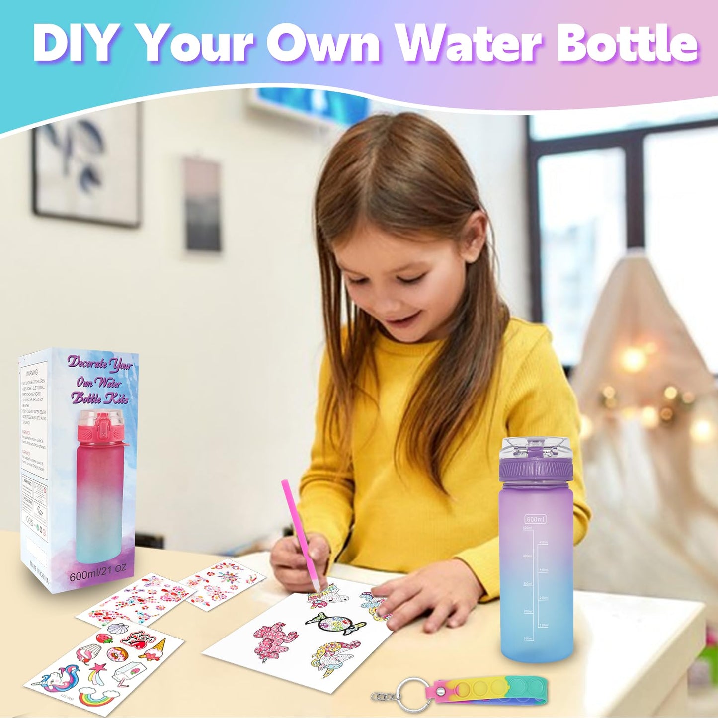 Gifts for Girls 4-12, Decorate Your Own Water Bottle Kits for Girls, Unicorn Diamond Crafts Painting Toys, Kids Water Bottle for