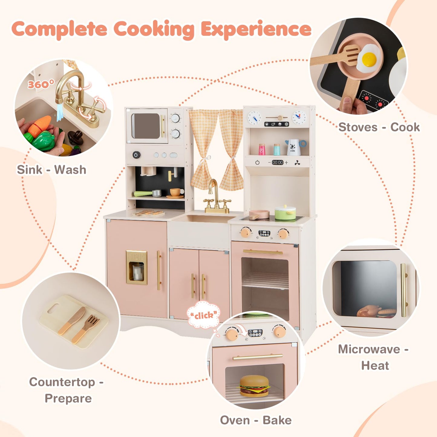 HONEY JOY Kids Kitchen Playset, Wooden Play Kitchen for Toddlers, Ice Maker & Coffee Maker, Stove, Faucet, Microwave, Large Stor