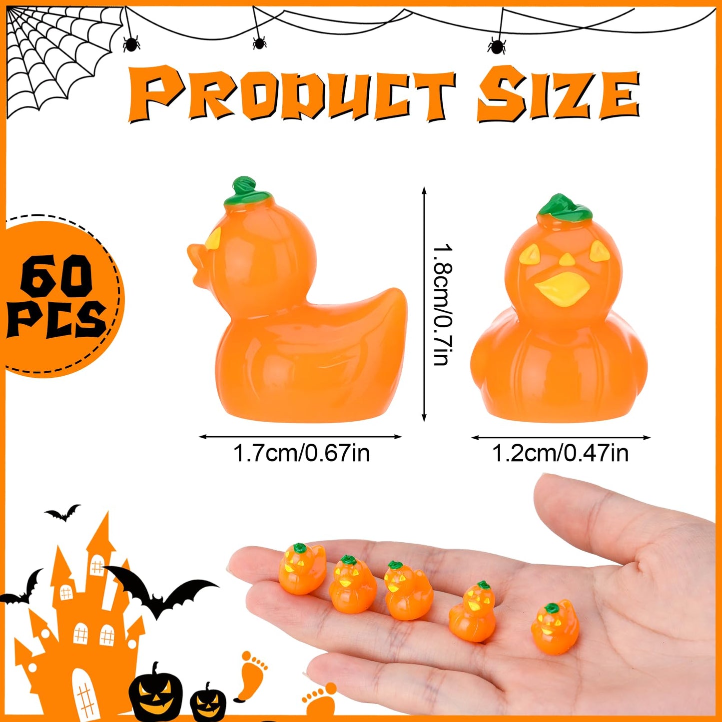 GGSTDDUP 60pcs Halloween Mini Resin Ducks  Tiny Pumpkin Duck Figures  Miniature Animals Figurines Bulk for Dollhouse Prank Halloween Birthday Party DIY Decoration Craft