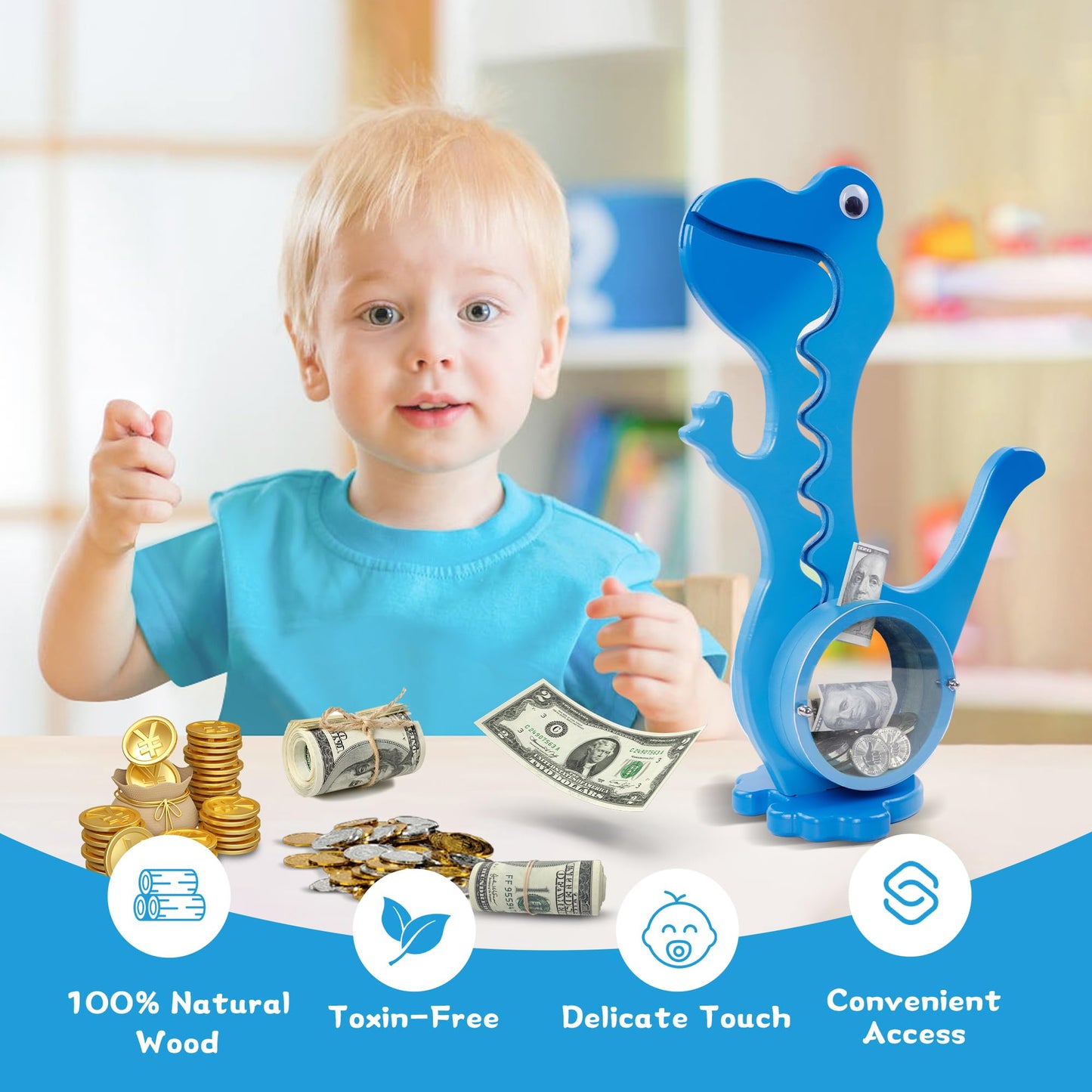 squacco Dinosaur Piggy Bank Boalord for Girls Boys Kids Big Animal Personalized Wooden Coin Bank Money Saving Box for Children mature-themed Best Toy Gift(Dino -Blue)