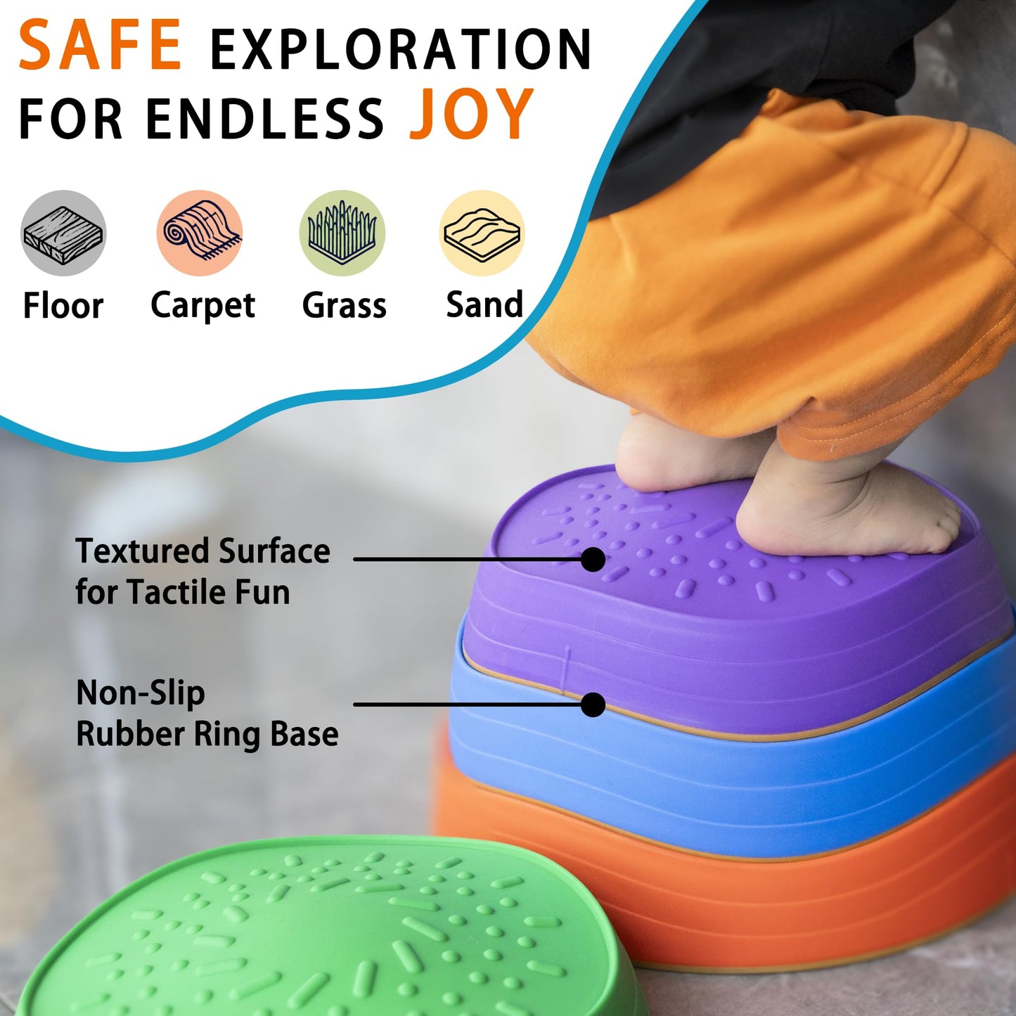 Oranmew Stepping Stones For Kids - Toddler Sensory Balance Stones & Bounce Blocks, 6 Pcs Non-Slip Obstacle Course Set For Indoor