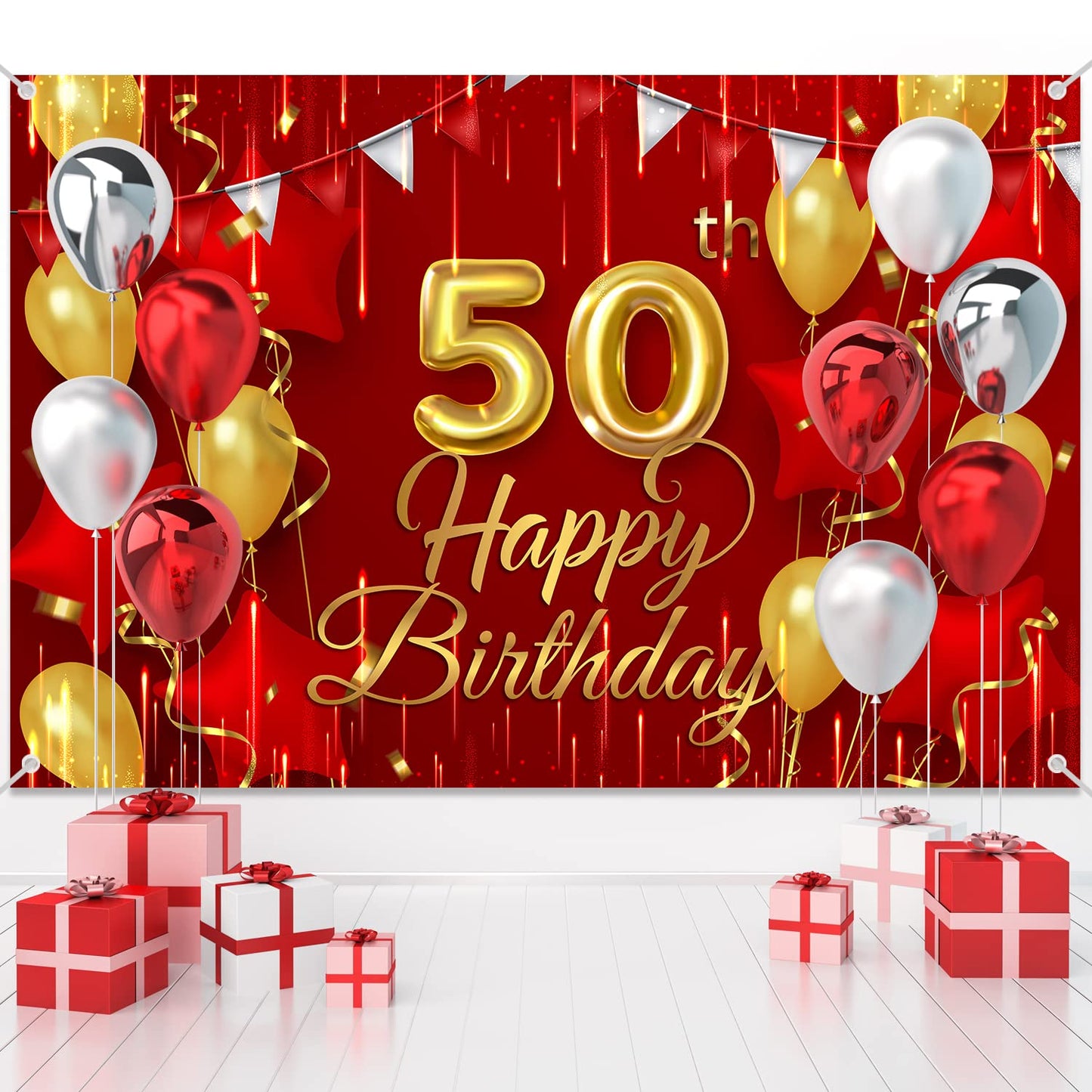50th Birthday Backdrop Banner Decorations Red and Gold for Women Men Happy 50 Years Old Bday Background Photography Party Decor