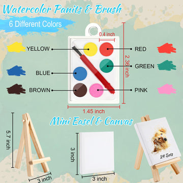 Zhengmy 24 Set Watercolor Paint Art Party Favors Mini Paint Sets Canvas Tote Bags Goodie Bags 3'' X 3'' Painting Canvas Panel Wi
