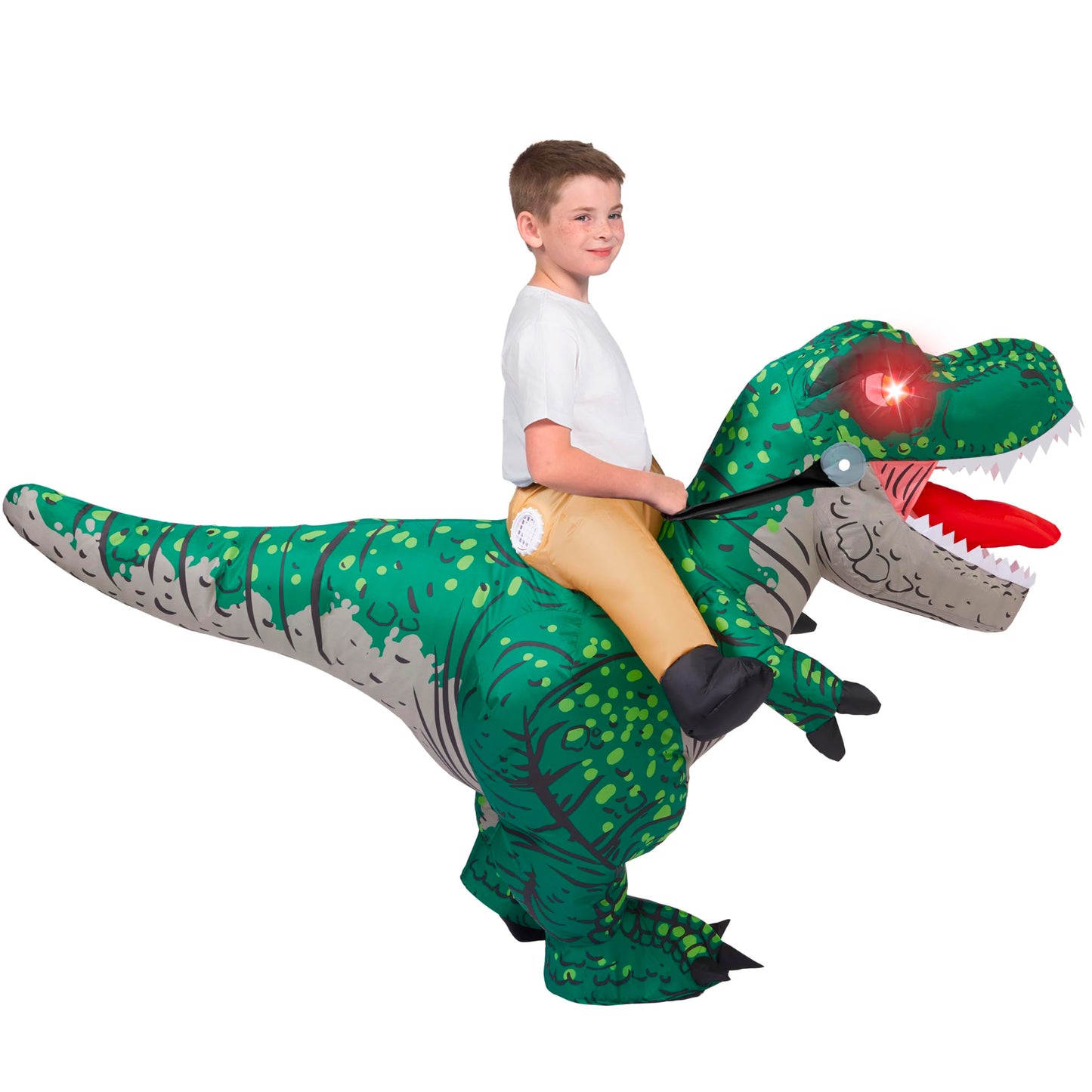 Spooktacular Creations Kids Halloween Inflatable Dinosaur Costumes, Light-Up Eyes Riding A T-Rex Inflatable Costume, Green Rawr Blow Up Dinosaur Costumes For Halloween Costume Cosplay Themed Parties