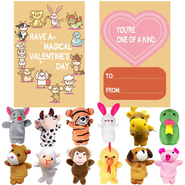 12 Pack Plush Animal Finger Puppet Toy With Valentine'S Greeting Cards, Valentine School Classroom Prize Party Favor Toys, Valentine Gift Exchange
