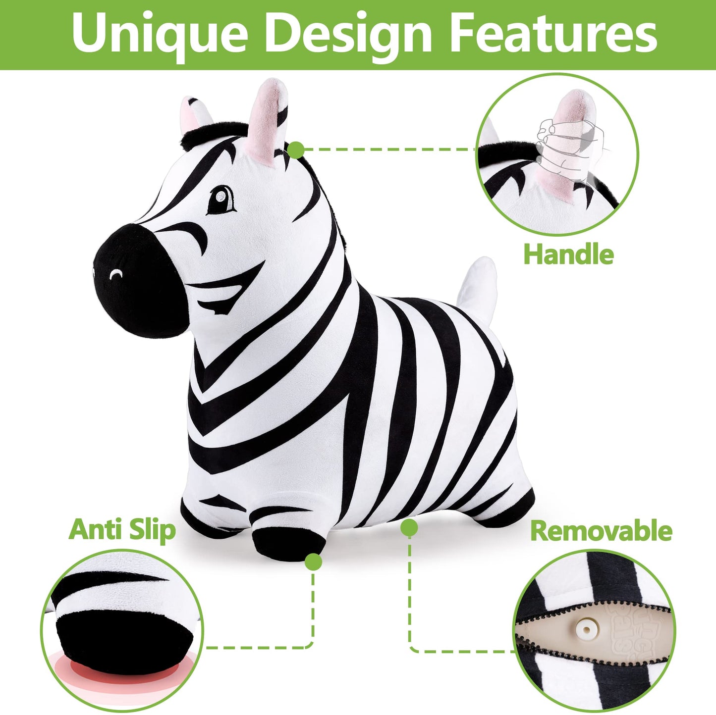 iPlay, iLearn Bouncy Pals Inflatable Zebra Hopper - Plush Ride-On Toy for Kids 18 Months to 5 Years - Large, White