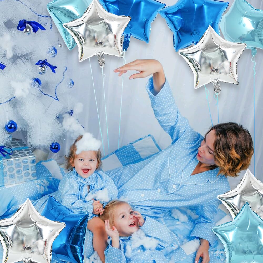 TONIFUL 30Pcs 18 Inch Star Balloons Large Blue Silver Star Shape Foil Balloons Big Star Helium Mylar Balloons for Birthday Weddi