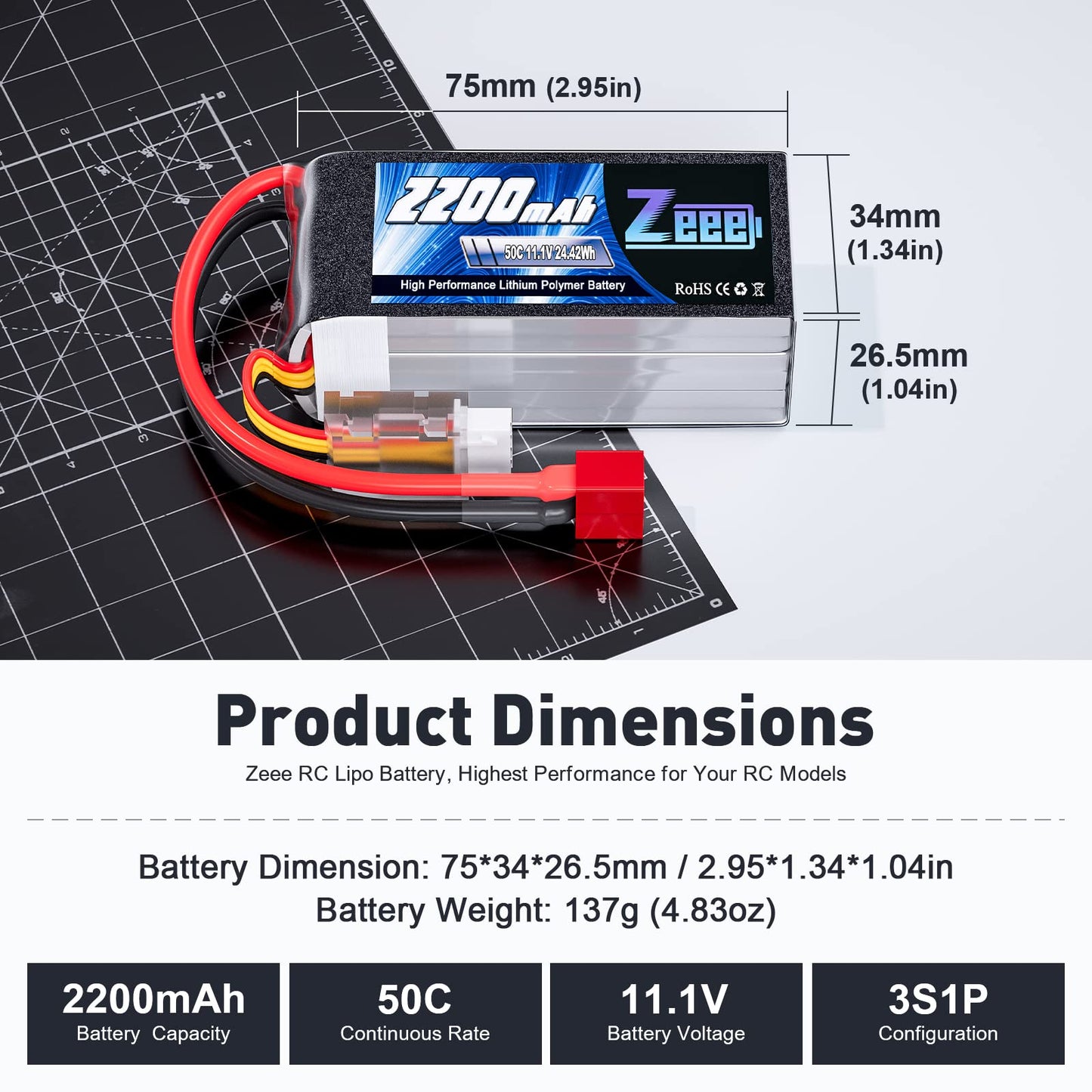 Zeee 3S Lipo Battery 2200mAh 11.1V 50C Shorty Pack Battery with Deans Plug for RC Car Truck Vehicles RC Boat RC Drone Airplane Q