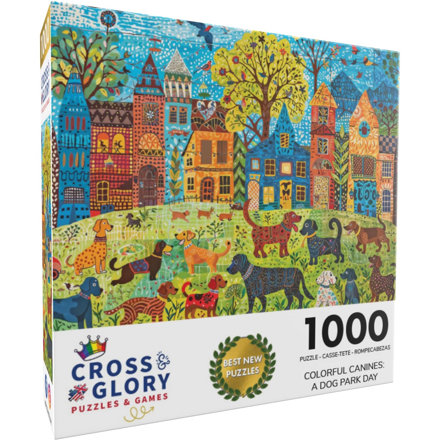 Cross & Glory - Colorful Canines: A Dog Park Day - 1000 Piece Folk Art Style Jigsaw Puzzle For Adults | Vibrant City Scene With Playful Pups | Perfect For Dog Lovers
