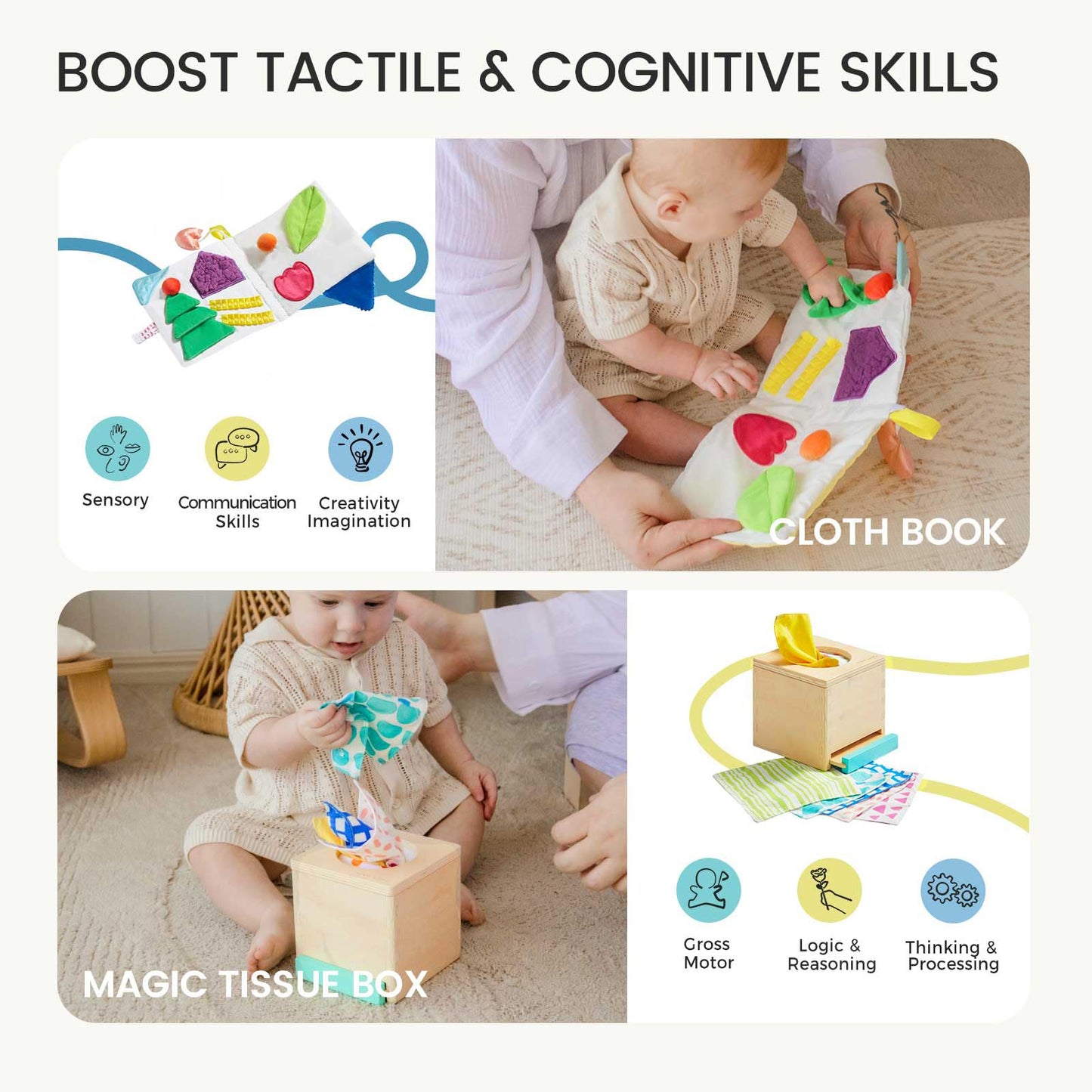 Tiny Land Montessori Baby Toy Set 4-6 Months - Early Learning Motor Skills Development Kit With 4-In-1 Soft Cloth Book, Spinning